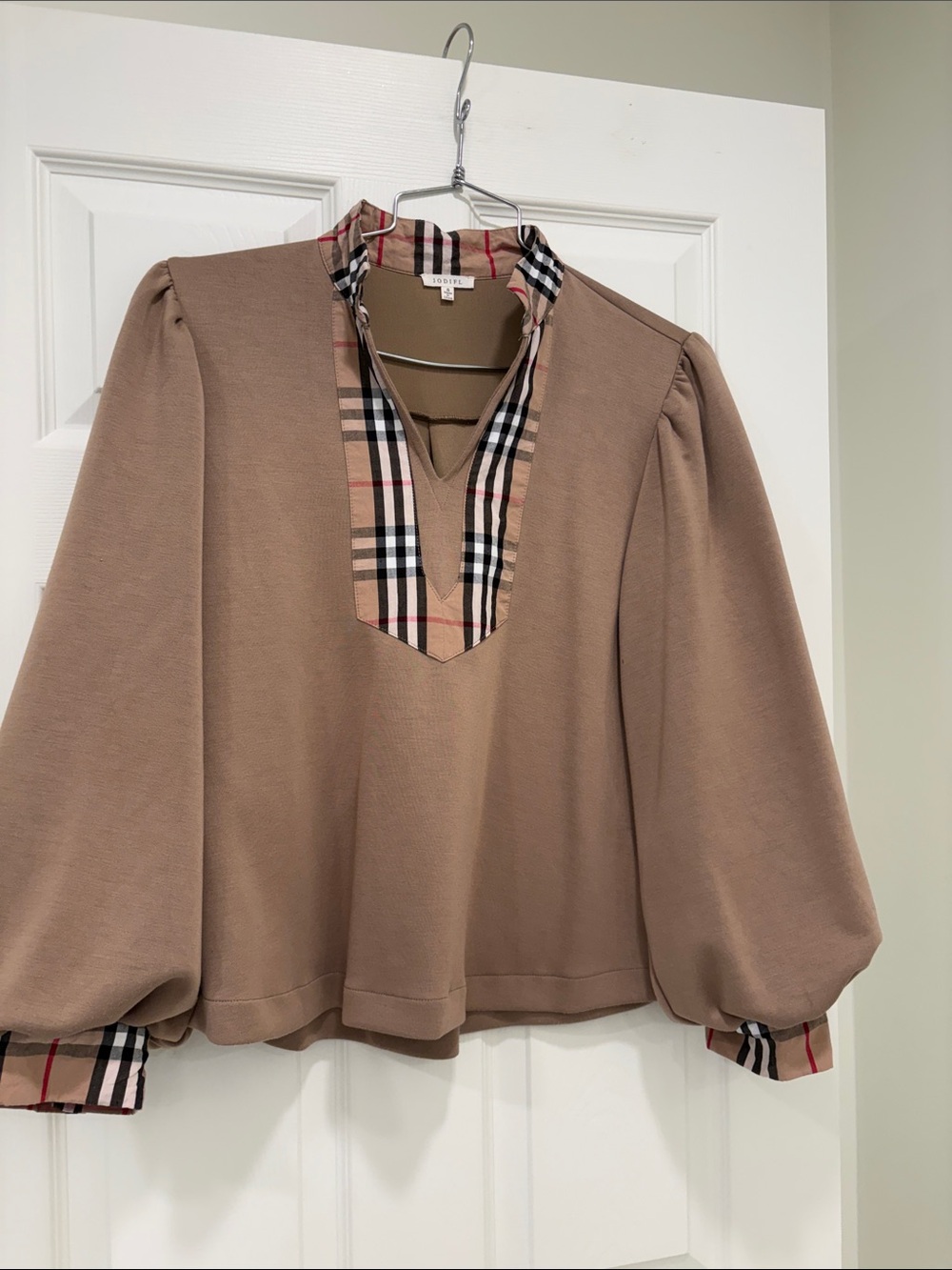 JODIFL Tan Puff Sleeve top with Plaid Trim